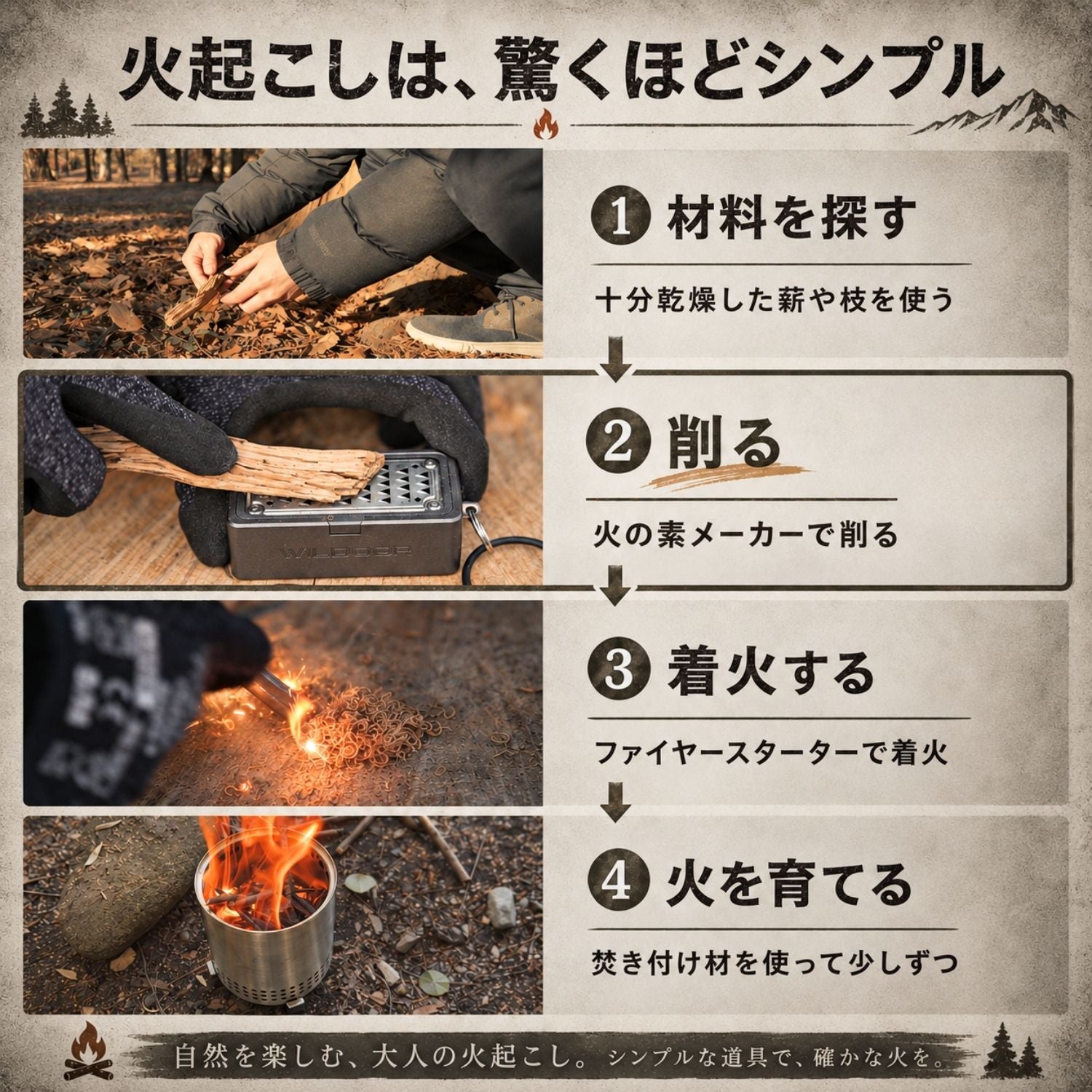 火の素メーカー(本体) おろし器のように枝や薪から火口(ほくち)が簡単