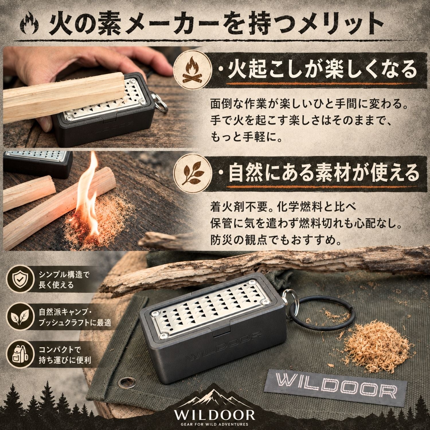 火の素メーカー(本体) おろし器のように枝や薪から火口(ほくち)が簡単
